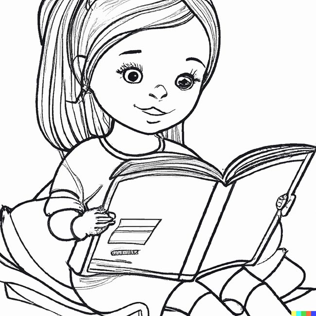 DALL·E 2022 11 16 20.06.31 girl reading for coloring page