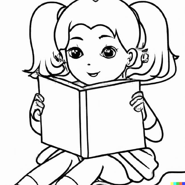 DALL·E 2022 11 16 20.09.22 girl reading for coloring page